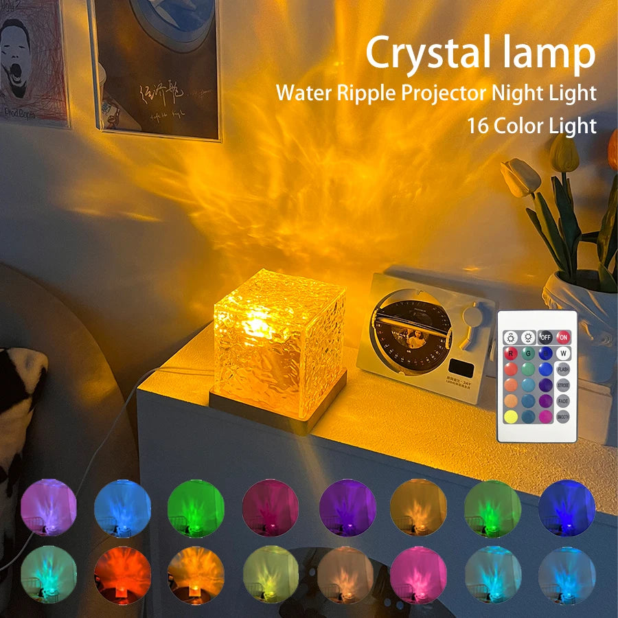 Creative Flame Crystal Lamp Acrylic Bedside Lamp Water Wave Projector Light with Remote