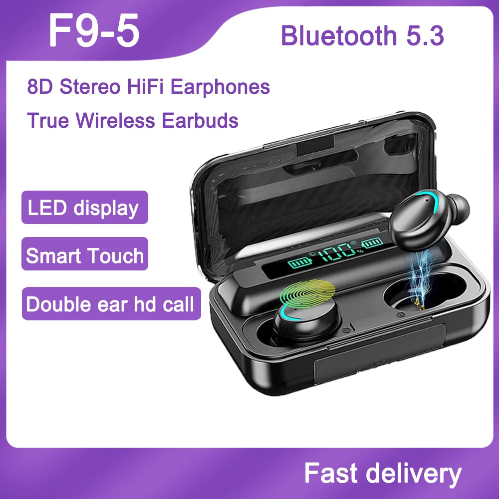 F9 5C Wireless Bluetooth Headphones Tws Waterproof Earbuds Earphones Digital Display Heaset Large Capacity Charging Case