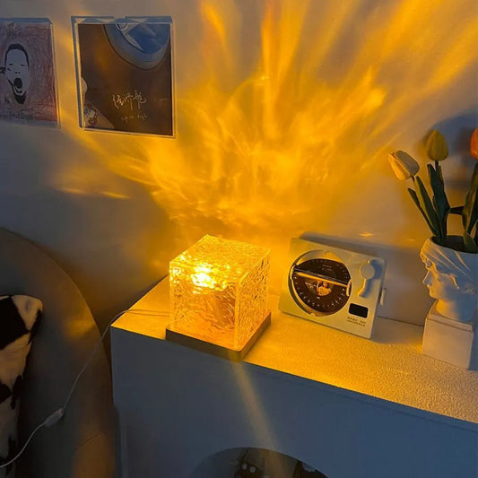 Creative Flame Crystal Lamp Acrylic Bedside Lamp Water Wave Projector Light with Remote