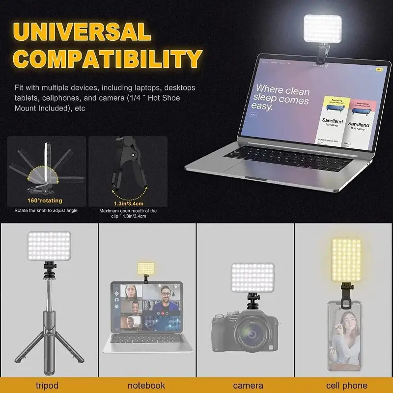 LED Selfie Light Fill Video Light with Front & Back 120 High Power LED Adjustable 3 Light Modes for Phone iPad Laptop and PC Monitor