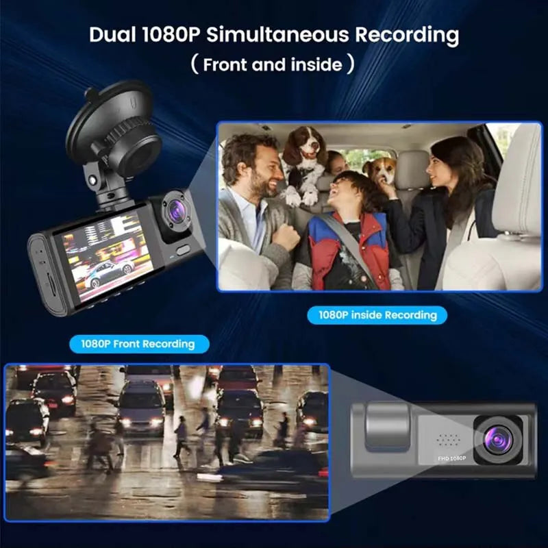 3 Cameras Dash Cams with IR Night Vision Loop Recording and 2" IPS Screen Full HD 1080P