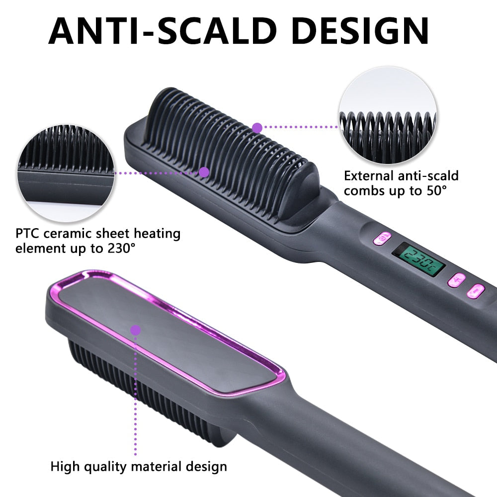 Ionic Hair Straightener Brush Fast Heating, Adjustable Temperature (80-230°C) with LCD Display