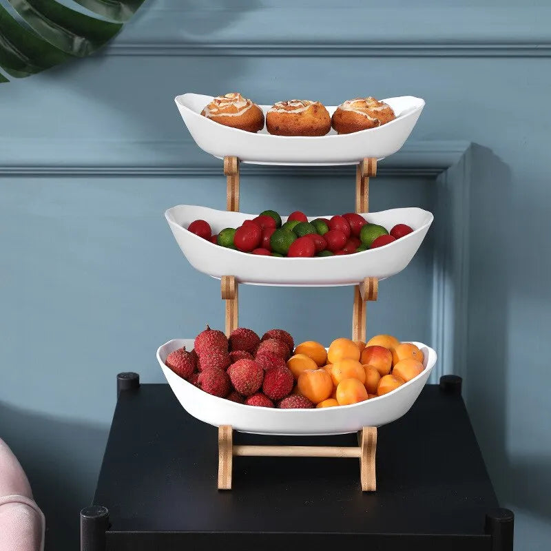 3 Tier Green Fruit Bowl Set Ceramic with Natural Wooden Bamboo Stand