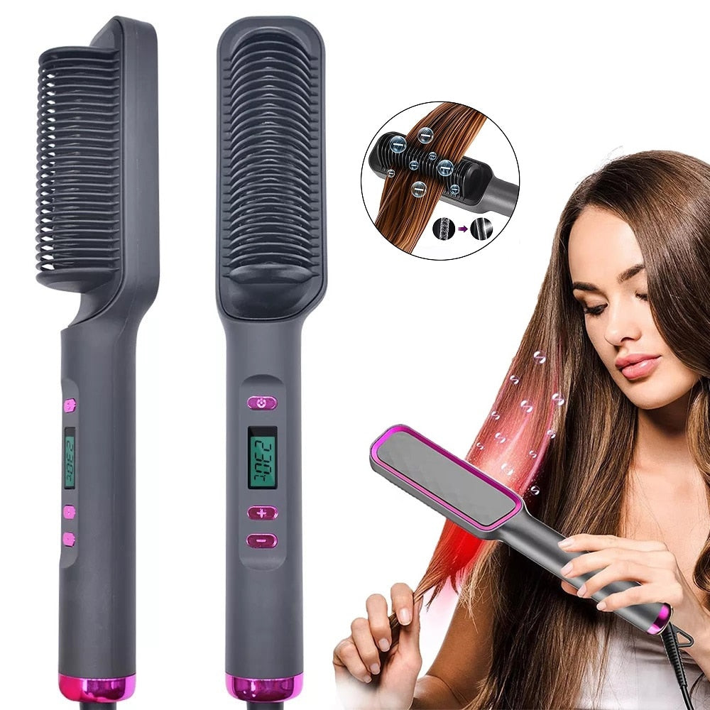 Ionic Hair Straightener Brush Fast Heating, Adjustable Temperature (80-230°C) with LCD Display