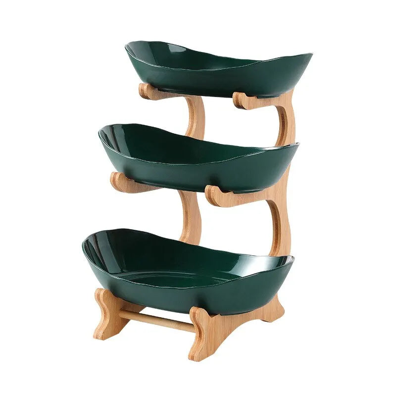 3 Tier Green Fruit Bowl Set Ceramic with Natural Wooden Bamboo Stand