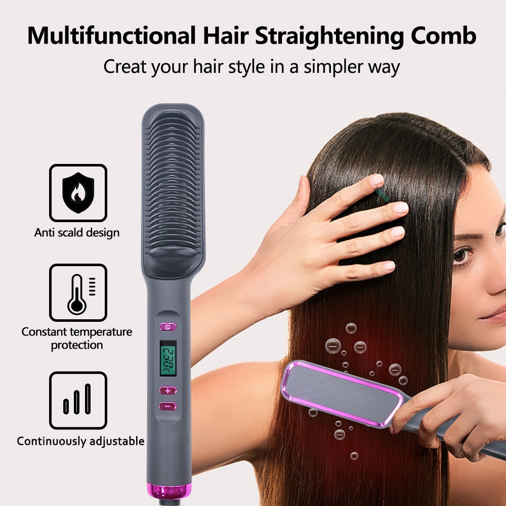 Ionic Hair Straightener Brush Fast Heating, Adjustable Temperature (80-230°C) with LCD Display