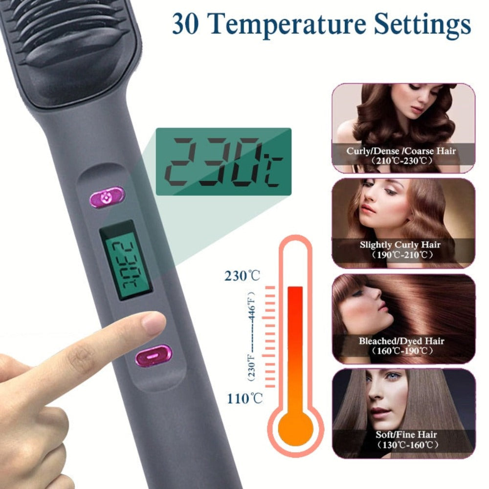 Ionic Hair Straightener Brush Fast Heating, Adjustable Temperature (80-230°C) with LCD Display