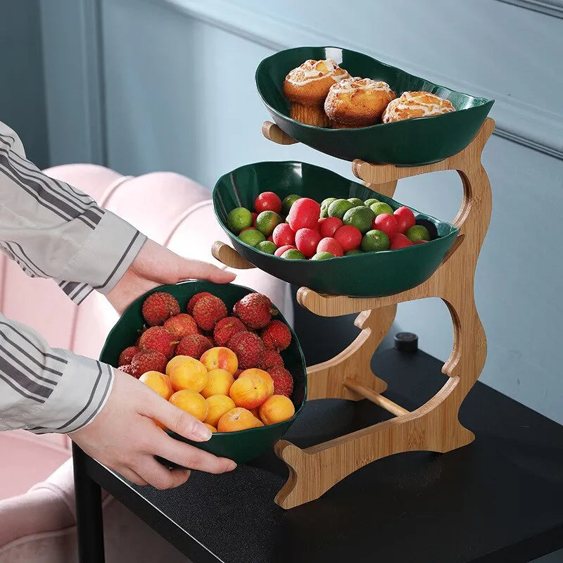 3 Tier Green Fruit Bowl Set Ceramic with Natural Wooden Bamboo Stand