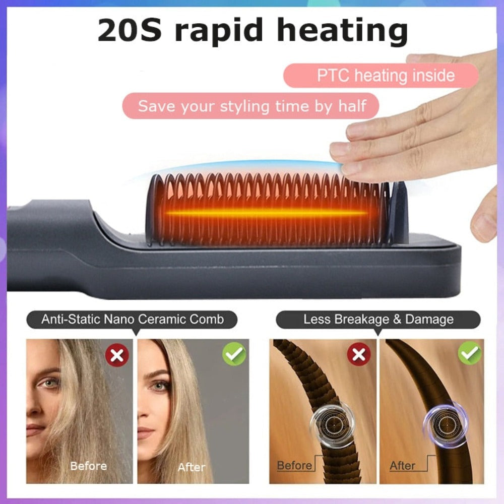 Ionic Hair Straightener Brush Fast Heating, Adjustable Temperature (80-230°C) with LCD Display