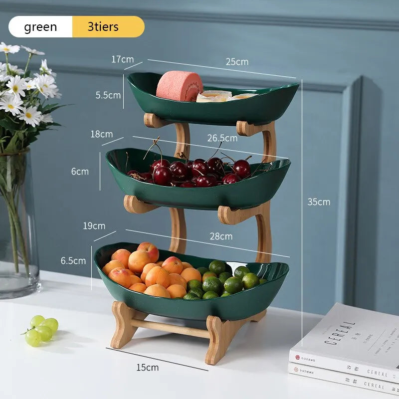 3 Tier Green Fruit Bowl Set Ceramic with Natural Wooden Bamboo Stand