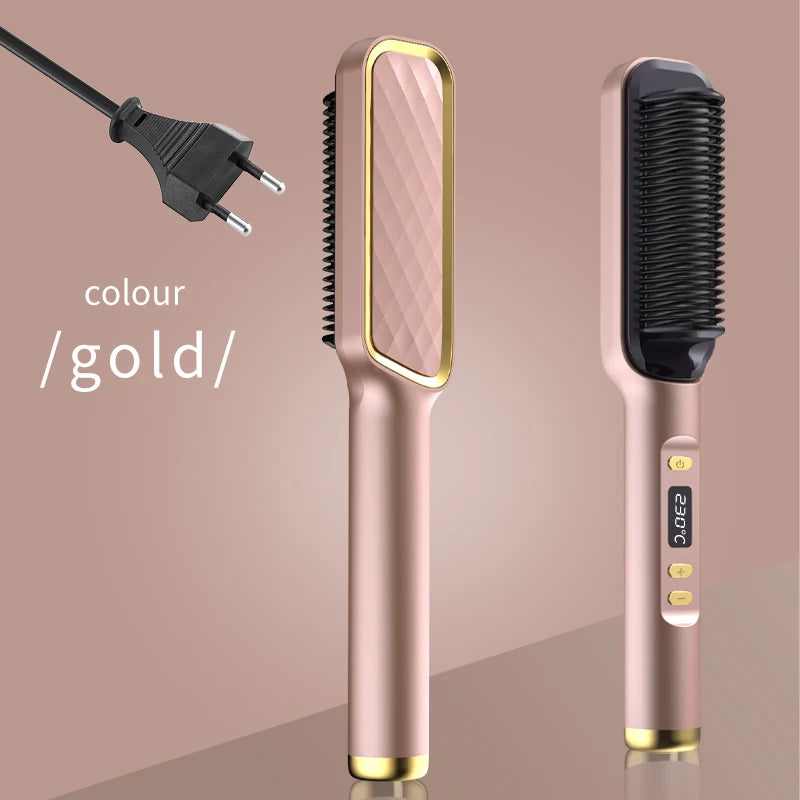 Ionic Hair Straightener Brush Fast Heating, Adjustable Temperature (80-230°C) with LCD Display