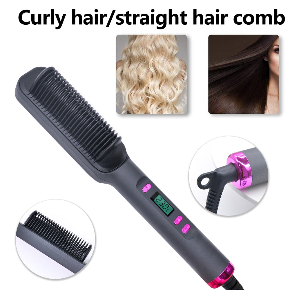 Ionic Hair Straightener Brush Fast Heating, Adjustable Temperature (80-230°C) with LCD Display