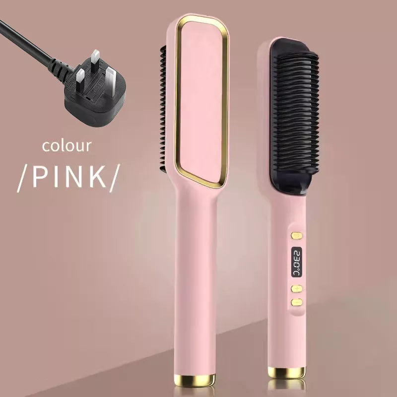 Ionic Hair Straightener Brush Fast Heating, Adjustable Temperature (80-230°C) with LCD Display