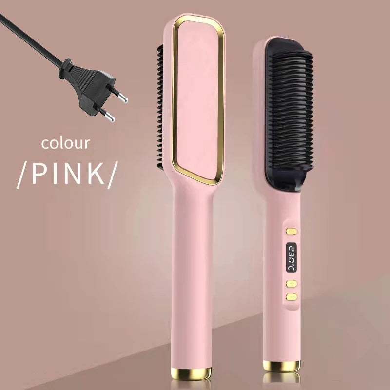 Ionic Hair Straightener Brush Fast Heating, Adjustable Temperature (80-230°C) with LCD Display