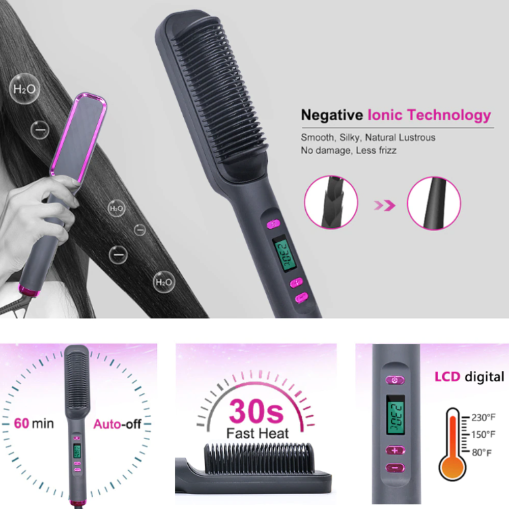 Ionic Hair Straightener Brush Fast Heating, Adjustable Temperature (80-230°C) with LCD Display