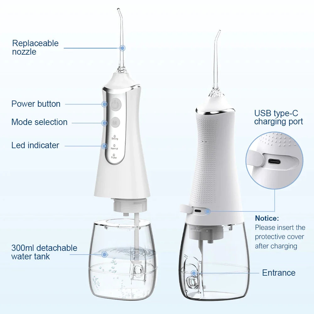 Cordless Water Flosser Advanced Teeth Cleaner 5 Nozzles 3 Modes USB 300ml