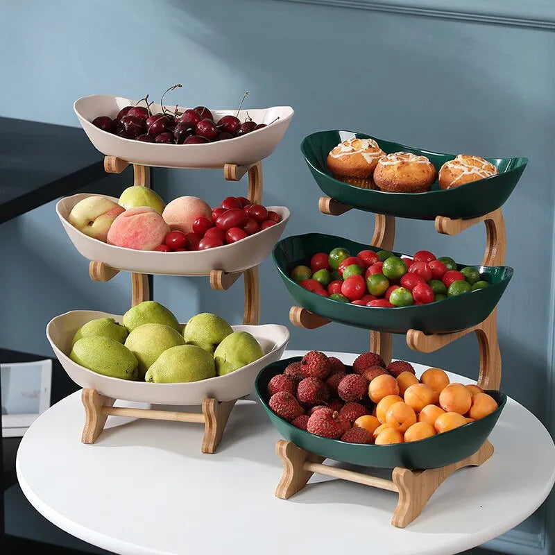 3 Tier Green Fruit Bowl Set Ceramic with Natural Wooden Bamboo Stand