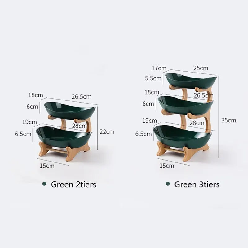 3 Tier Green Fruit Bowl Set Ceramic with Natural Wooden Bamboo Stand