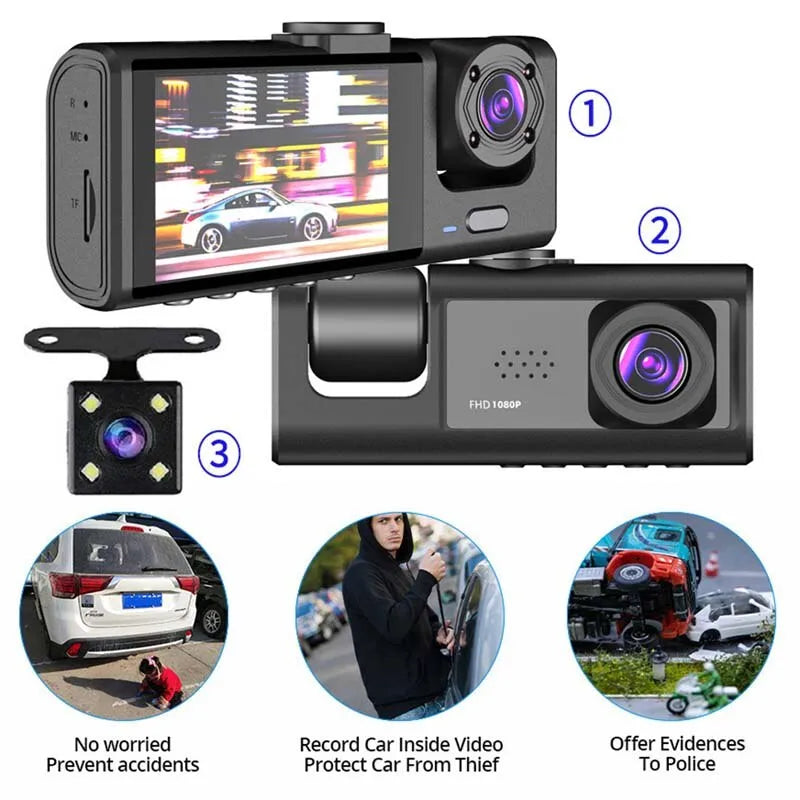 3 Cameras Dash Cams with IR Night Vision Loop Recording and 2" IPS Screen Full HD 1080P